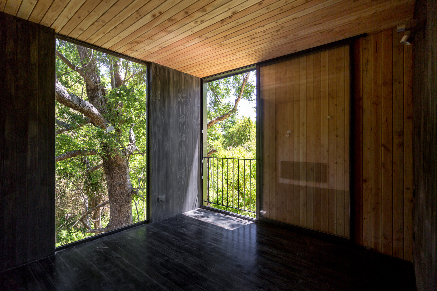 Yellow House — vista general del volumen en contexto forestal, arquitecto Alejandro Soffia
